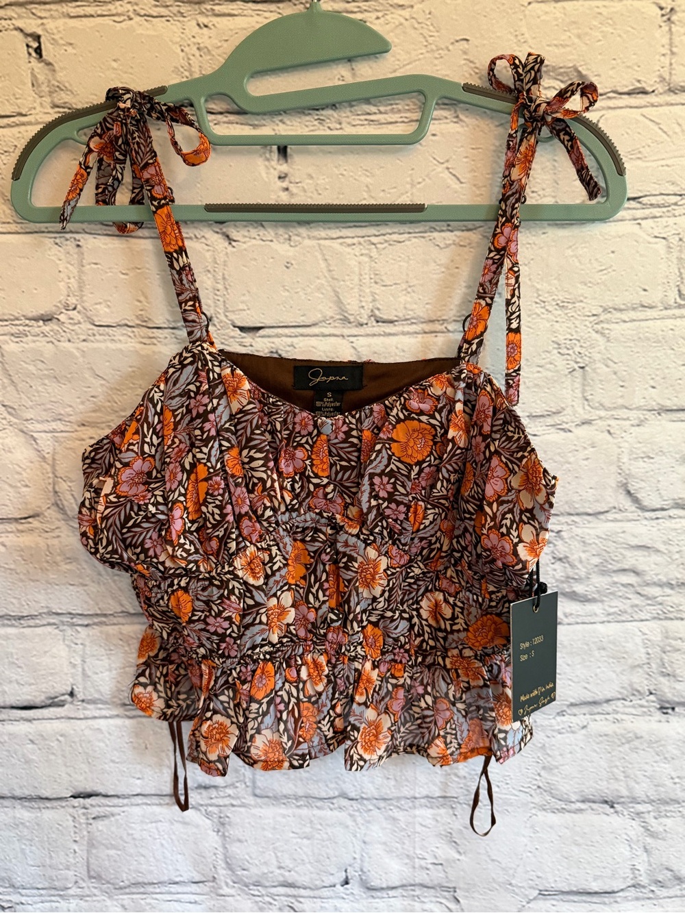 Japna Brown Floral Tie-Shoulder Camisole with Orange & Pink Accents Small NWT
